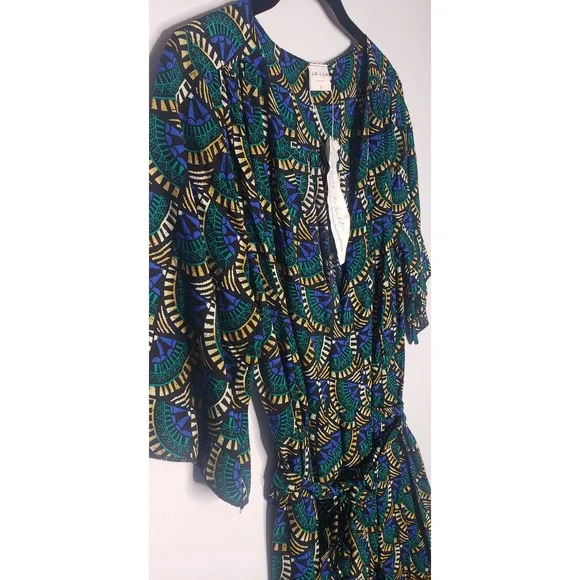 Silk & Salt Journey Maxi Wrap Dress African Peacock Print Green Blue NEW Medium - Picture 7 of 12